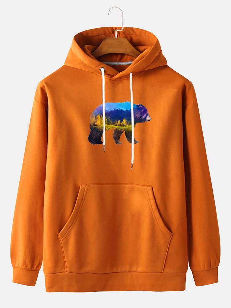 Sudaderas Con Diseño De Estampado De Paisaje Con Gráficos De Oso Para Hombre Y Bolsillo De Canguro