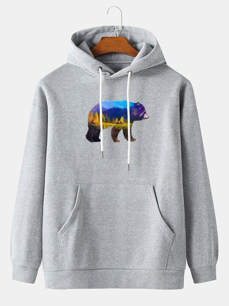 Sudaderas Con Diseño De Estampado De Paisaje Con Gráficos De Oso Para Hombre Y Bolsillo De Canguro