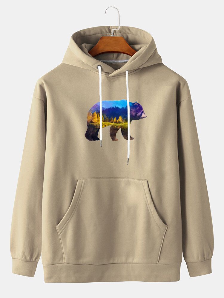 Sudaderas Con Diseño De Estampado De Paisaje Con Gráficos De Oso Para Hombre Y Bolsillo De Canguro