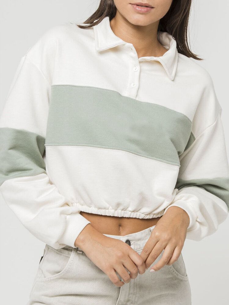 Sudaderas Con Dobladillo Ajustado De Manga Larga Con Bloque De Color Verde Para Mujer