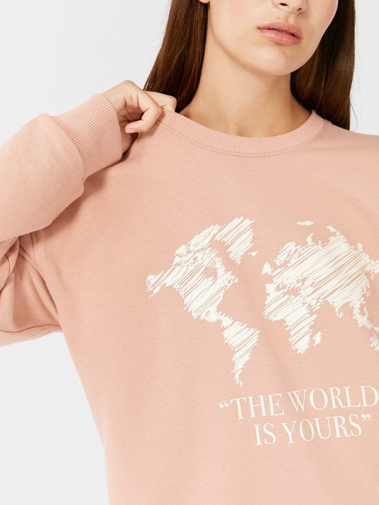 Sudaderas Con Hombros Caídos Con Estampado De Eslogan Y Estampado De Mapa Para Mujer