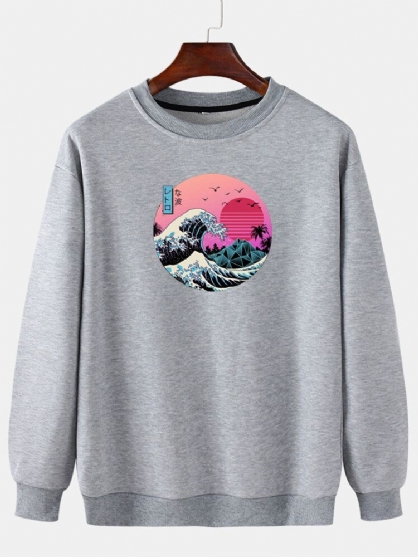 Sudaderas Con Hombros Descubiertos Y Cuello Redondo Con Estampado Gráfico Ukiyoe Para Hombre