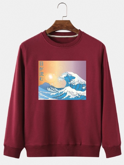 Sudaderas De Estilo Étnico Con Forro Polar Con Estampado De Paisaje De Olas Para Hombre Ukiyoe