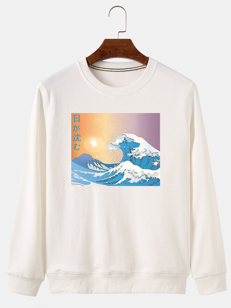 Sudaderas De Estilo Étnico Con Forro Polar Con Estampado De Paisaje De Olas Para Hombre Ukiyoe