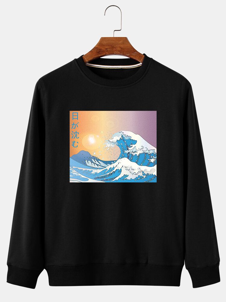 Sudaderas De Estilo Étnico Con Forro Polar Con Estampado De Paisaje De Olas Para Hombre Ukiyoe