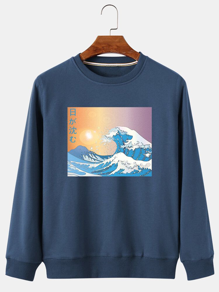 Sudaderas De Estilo Étnico Con Forro Polar Con Estampado De Paisaje De Olas Para Hombre Ukiyoe