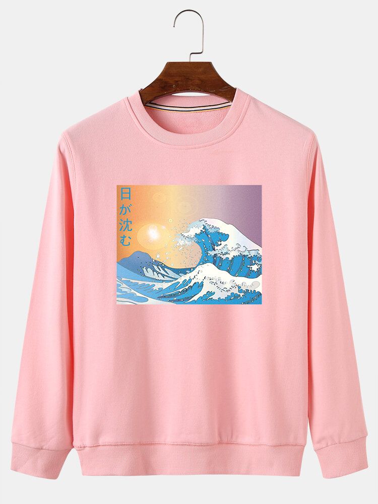 Sudaderas De Estilo Étnico Con Forro Polar Con Estampado De Paisaje De Olas Para Hombre Ukiyoe