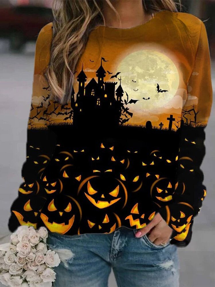 Sudaderas Holgadas Con Cuello Redondo Y Estampado De Halloween Element Para Mujer