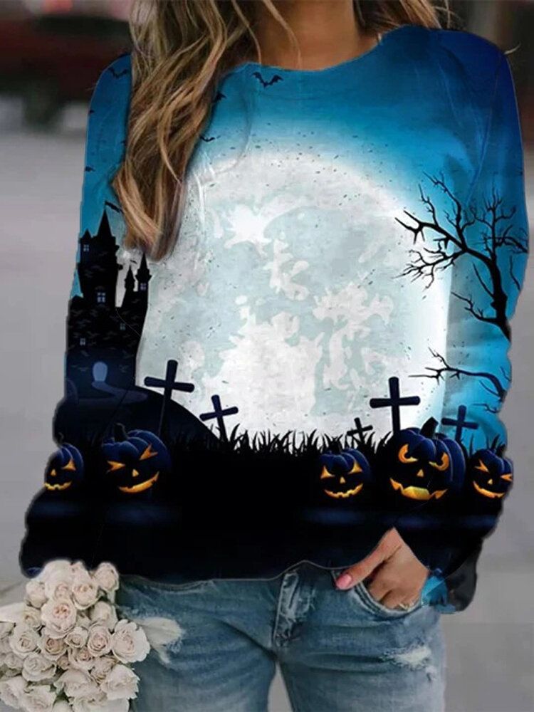 Sudaderas Holgadas Con Cuello Redondo Y Estampado De Halloween Element Para Mujer