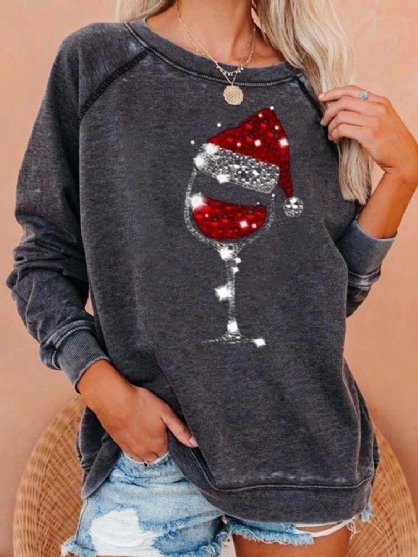 Sudaderas Holgadas Con Manga Raglán Con Cuello Redondo Y Estampado Navideño Para Mujer