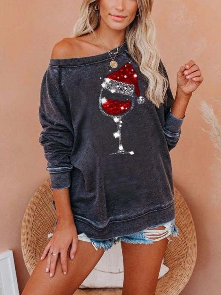 Sudaderas Holgadas Con Manga Raglán Con Cuello Redondo Y Estampado Navideño Para Mujer