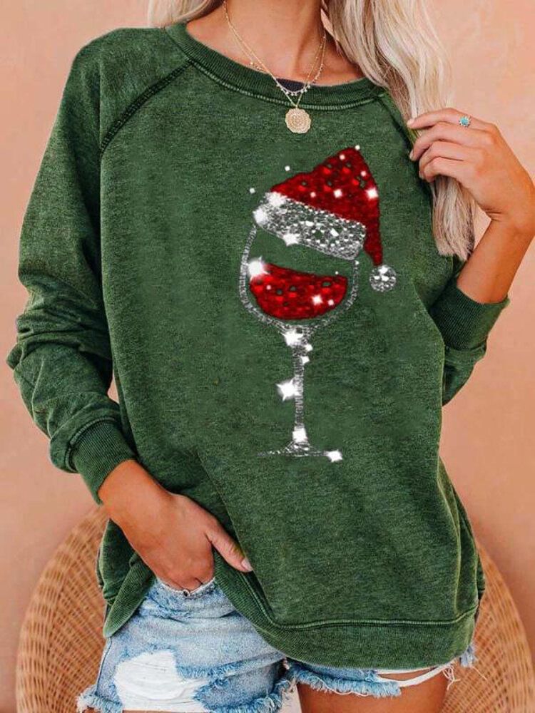 Sudaderas Holgadas Con Manga Raglán Con Cuello Redondo Y Estampado Navideño Para Mujer