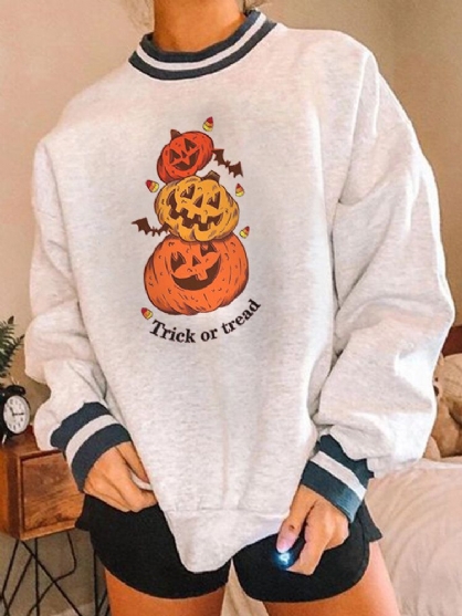 Sudaderas Holgadas De Cuello Redondo Con Estampado De Calavera De Calabaza Divertida De Halloween Para Mujer