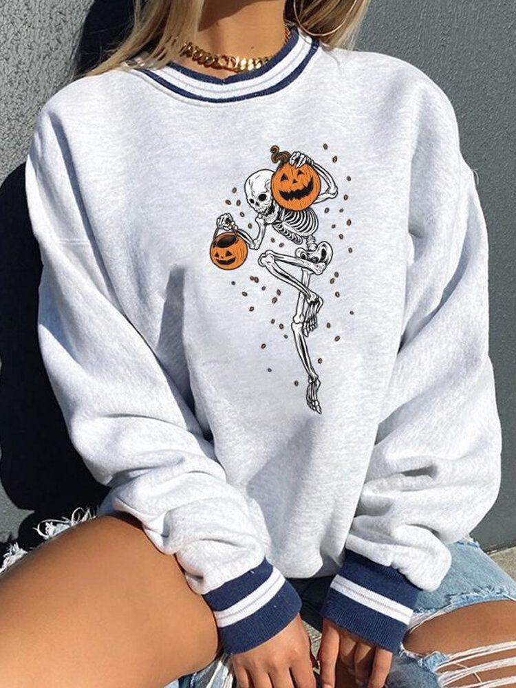 Sudaderas Holgadas De Cuello Redondo Con Estampado De Calavera De Calabaza Divertida De Halloween Para Mujer