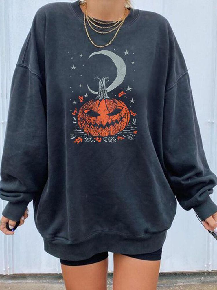 Sudaderas Holgadas De Cuello Redondo Con Estampado De Calavera De Calabaza Divertida De Halloween Para Mujer