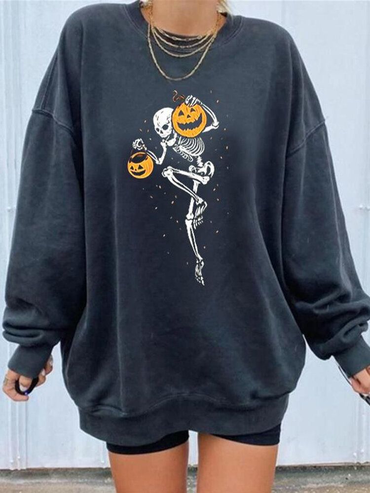 Sudaderas Holgadas De Cuello Redondo Con Estampado De Calavera De Calabaza Divertida De Halloween Para Mujer