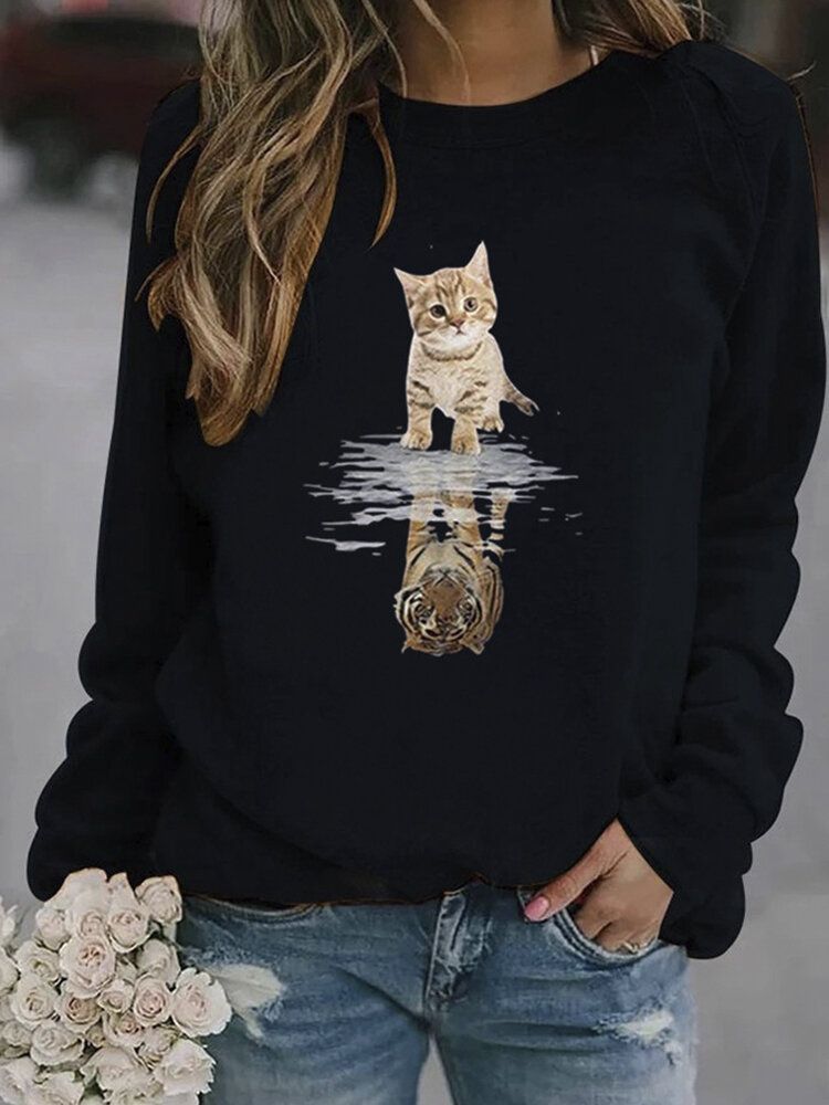 Sudaderas Lindas De Manga Larga Con Estampado De Gato Animal De Dibujos Animados Para Mujer