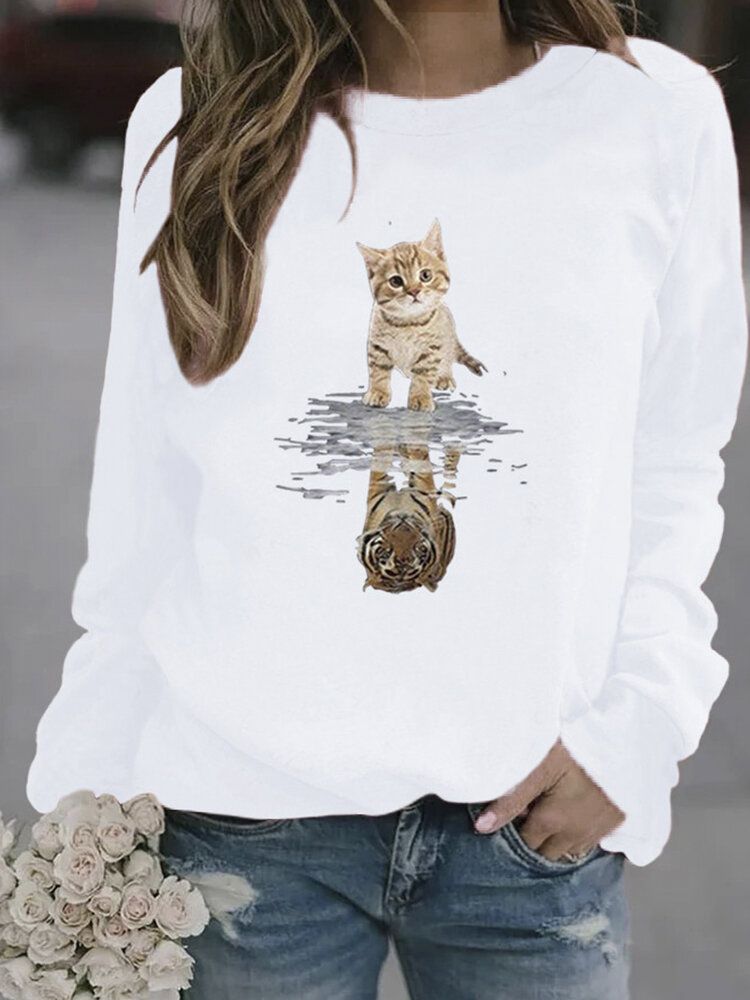 Sudaderas Lindas De Manga Larga Con Estampado De Gato Animal De Dibujos Animados Para Mujer