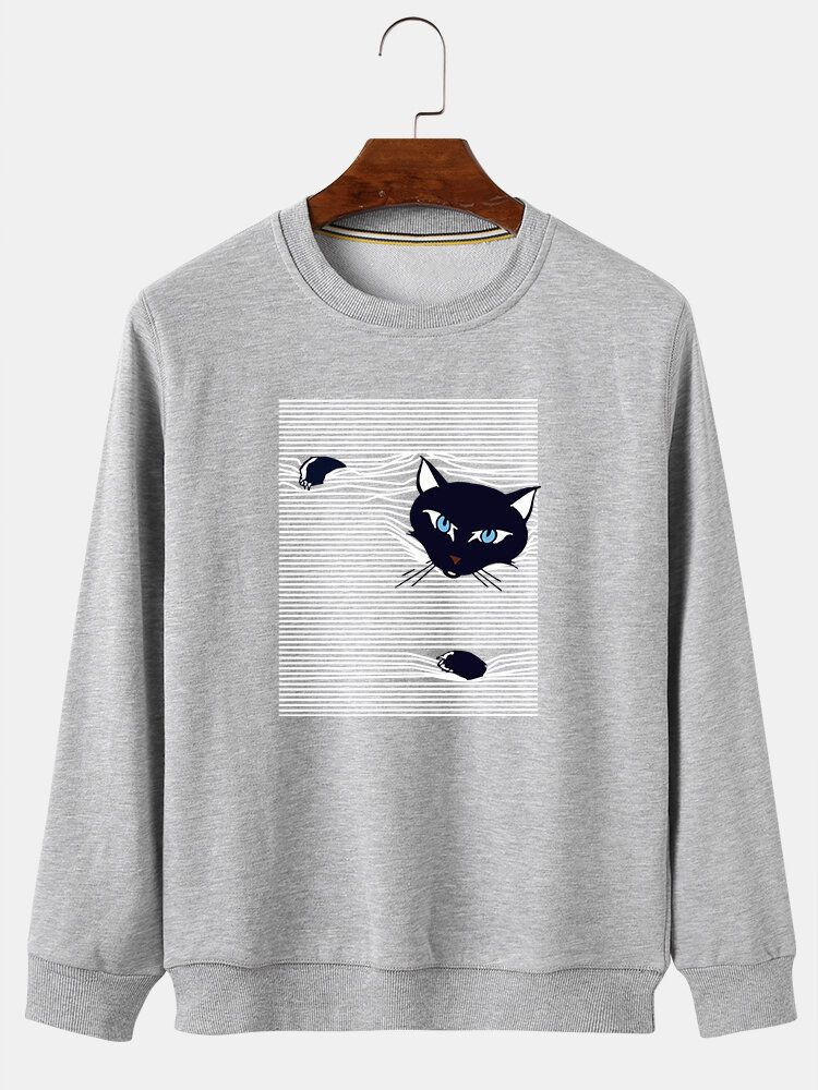 Sudaderas Lindas De Manga Larga Con Estampado De Gato De Dibujos Animados A Rayas Para Hombre