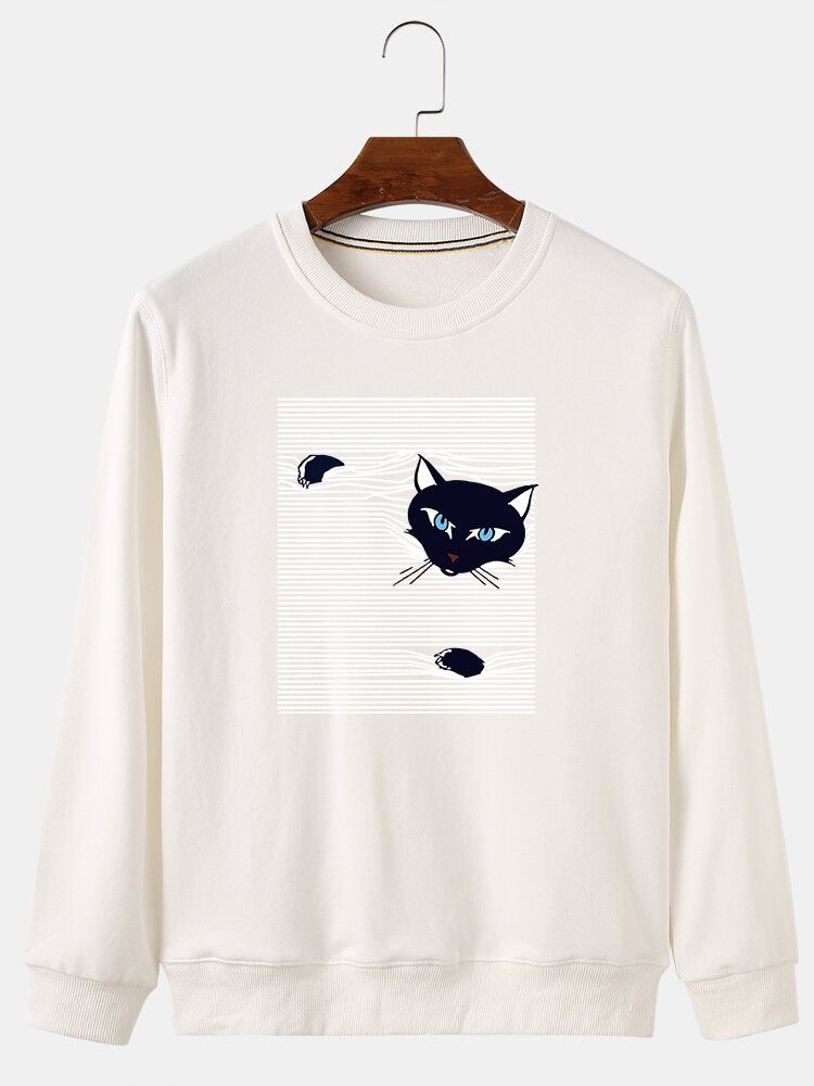 Sudaderas Lindas De Manga Larga Con Estampado De Gato De Dibujos Animados A Rayas Para Hombre