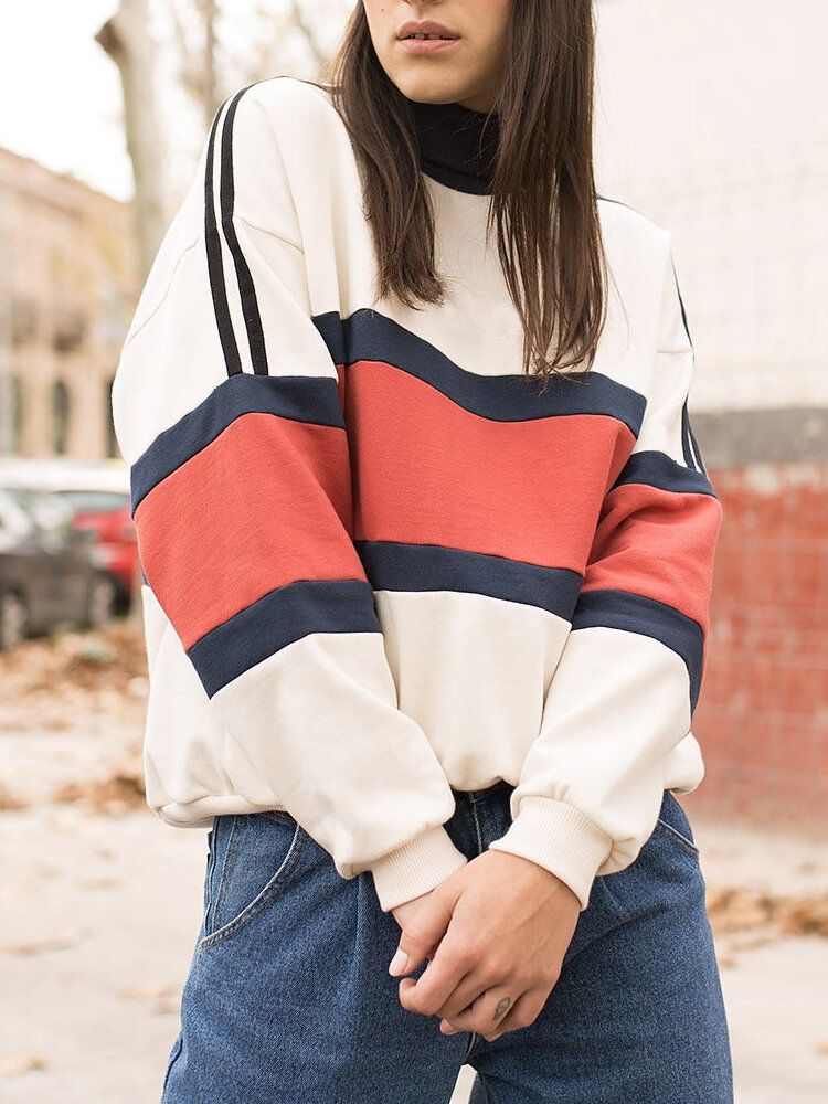 Sudaderas De Manga Larga Con Cuello Alto Y Color Patchwork Para Mujer