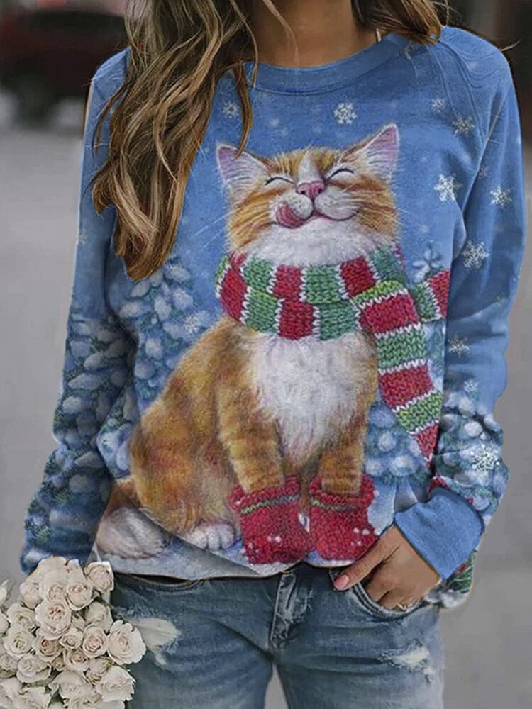 Sudaderas De Manga Larga Con Cuello Redondo Y Estampado De Gato Lindo De Navidad Para Mujer