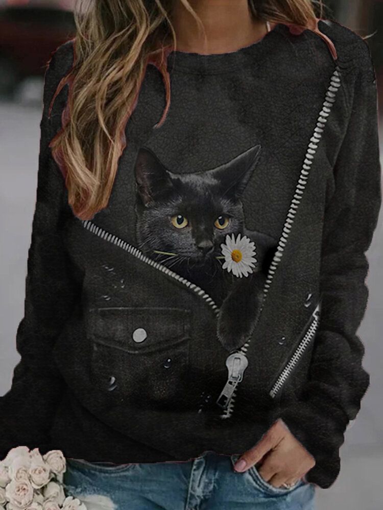 Sudaderas De Manga Larga Con Cuello Redondo Y Estampado De Margaritas De Gato Negro Lindo Para Mujer