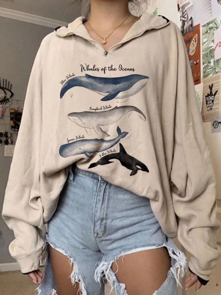 Sudaderas De Manga Larga Con Estampado De Ballenas Y Estampado De Ballenas Para Mujer