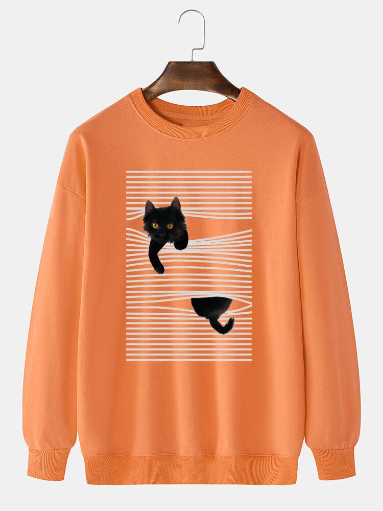 Sudaderas De Manga Larga Con Estampado De Gato De Dibujos Animados Y 100% Algodón Para Hombre