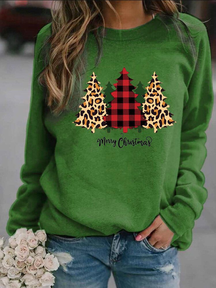 Sudaderas De Manga Larga Con Gráficos De Árbol De Navidad De Leopardo A Cuadros Para Mujer