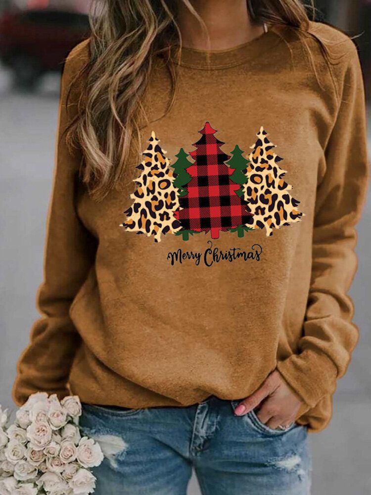 Sudaderas De Manga Larga Con Gráficos De Árbol De Navidad De Leopardo A Cuadros Para Mujer