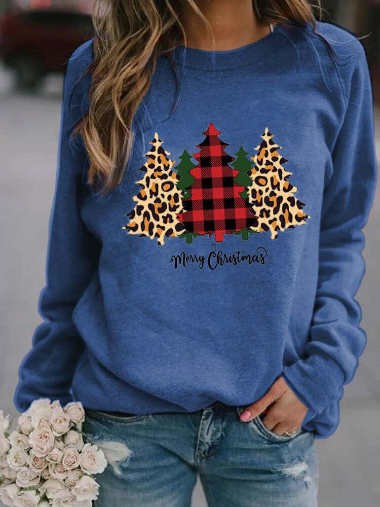 Sudaderas De Manga Larga Con Gráficos De Árbol De Navidad De Leopardo A Cuadros Para Mujer