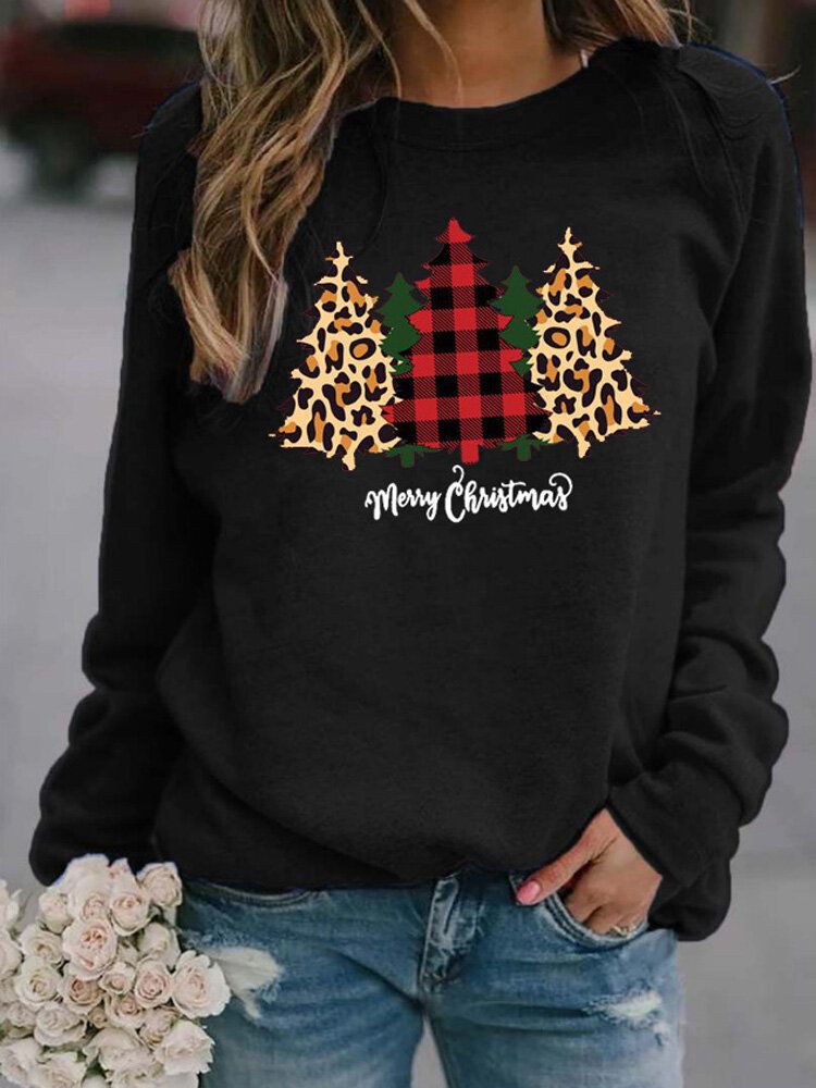 Sudaderas De Manga Larga Con Gráficos De Árbol De Navidad De Leopardo A Cuadros Para Mujer