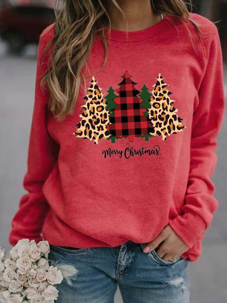 Sudaderas De Manga Larga Con Gráficos De Árbol De Navidad De Leopardo A Cuadros Para Mujer