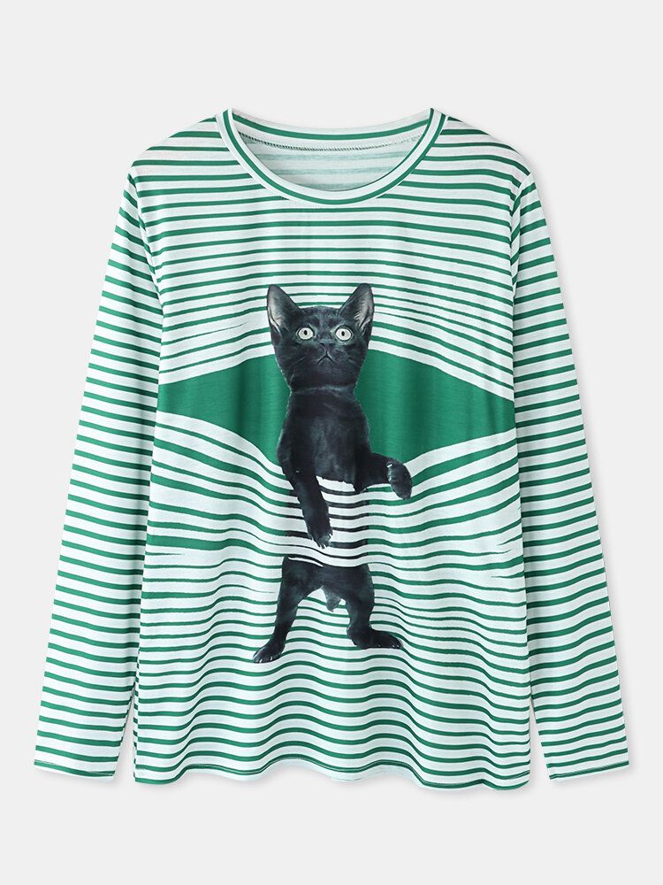 Sudaderas De Manga Larga Informales Con Cuello Redondo Y Estampado De Rayas De Gato De Dibujos Animados Lindo Para Mujer