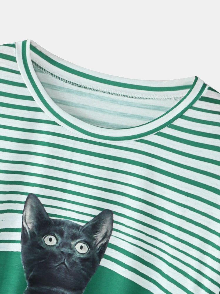 Sudaderas De Manga Larga Informales Con Cuello Redondo Y Estampado De Rayas De Gato De Dibujos Animados Lindo Para Mujer