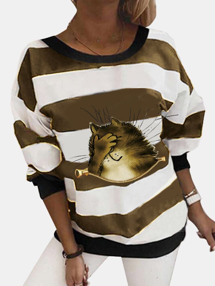 Sudaderas De Manga Larga Informales Con Estampado De Rayas Horizontales De Gato De Dibujos Animados Para Mujer