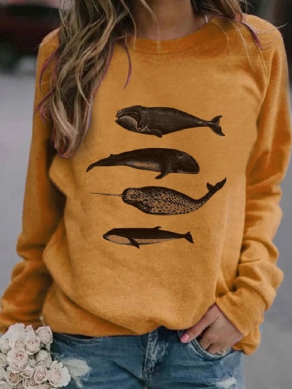 Sudaderas De Manga Raglán Informales Con Cuello Redondo Y Estampado De Peces Para Mujer