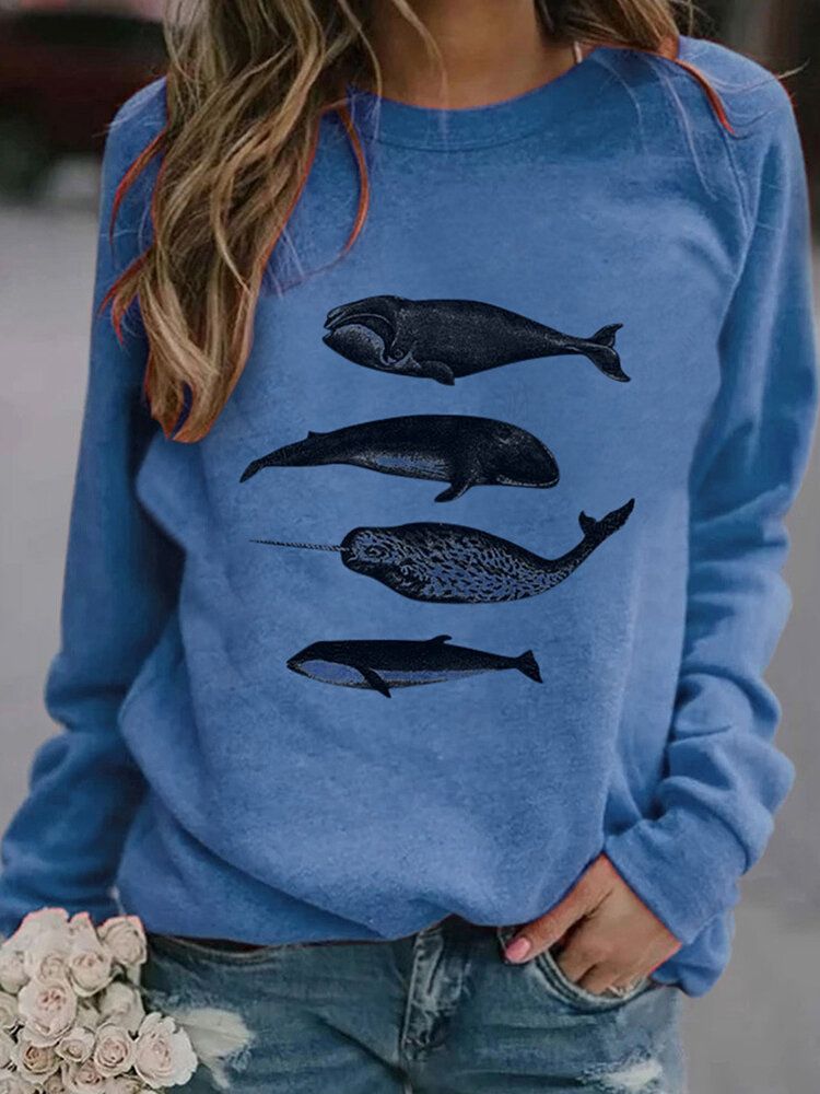 Sudaderas De Manga Raglán Informales Con Cuello Redondo Y Estampado De Peces Para Mujer