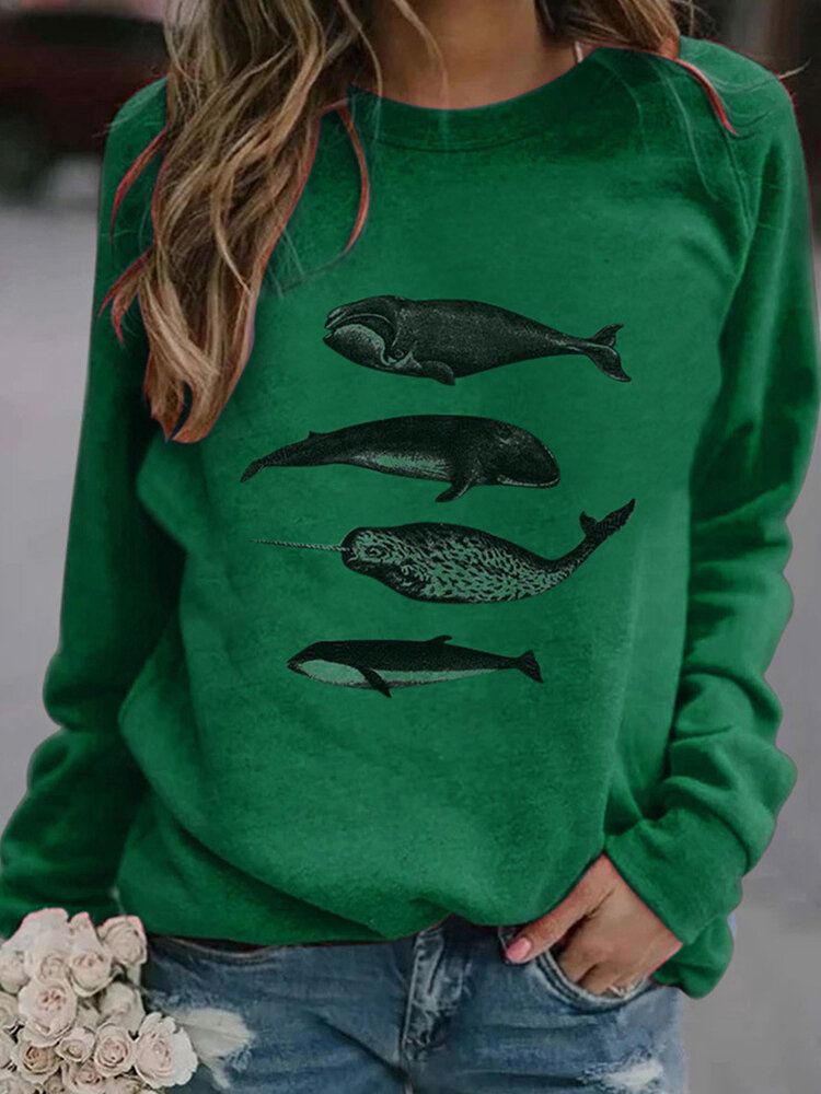 Sudaderas De Manga Raglán Informales Con Cuello Redondo Y Estampado De Peces Para Mujer