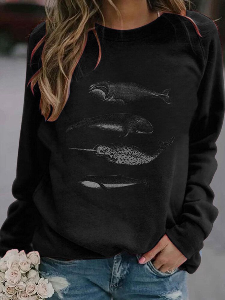 Sudaderas De Manga Raglán Informales Con Cuello Redondo Y Estampado De Peces Para Mujer