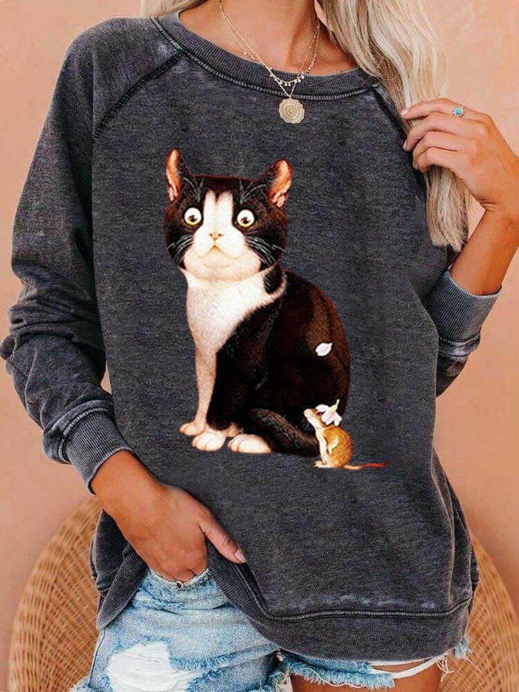 Sudaderas De Manga Raglán Informales Con Cuello Redondo Y Gráficos De Gatos Lindos Para Mujer