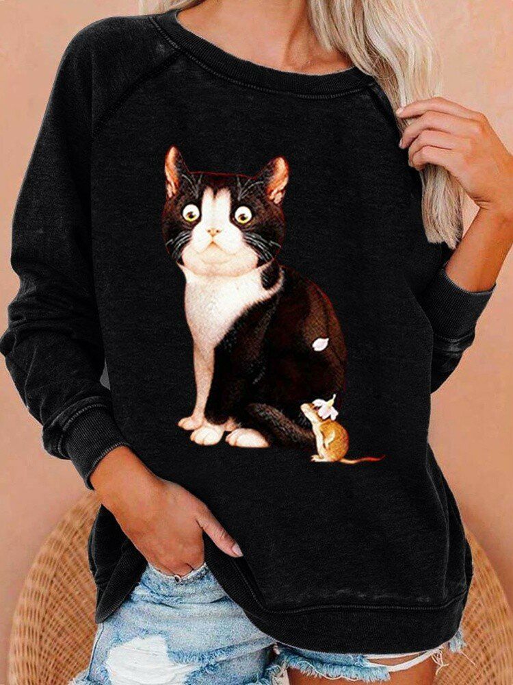 Sudaderas De Manga Raglán Informales Con Cuello Redondo Y Gráficos De Gatos Lindos Para Mujer