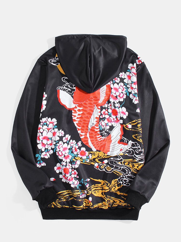 Sudaderas Orientales De Manga Larga Con Estampado Floral Y Carpa De Dibujos Animados Para Hombre