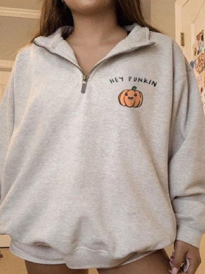 Sudaderas Sueltas Con Solapa Con Media Cremallera Y Estampado De Letras De Calabaza De Halloween Para Mujer