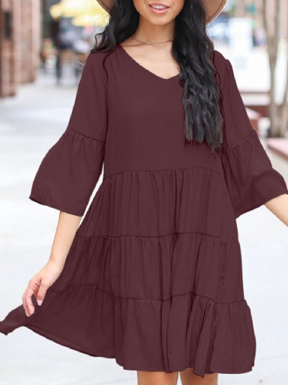 Mini Vestido A Capas Con Cuello En V Informal Y Manga Acampanada Para Mujer