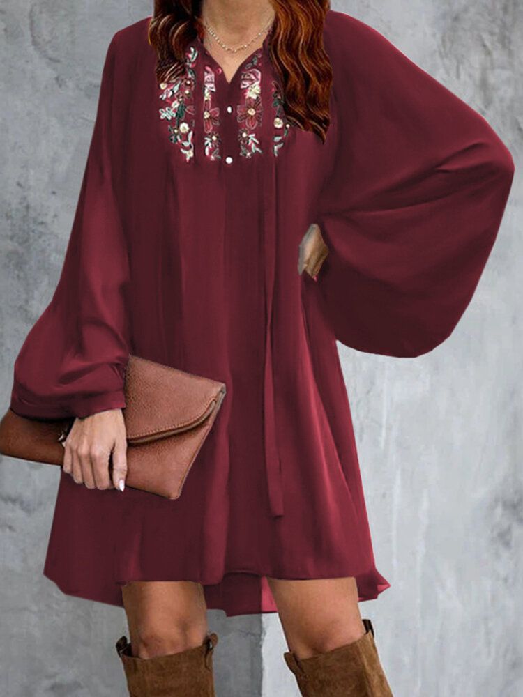 Mini Vestido Bohemio Suelto Con Mangas Abullonadas Y Bordado De Flores Para Mujer