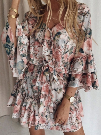 Mini Vestido Casual Con Capas De Volantes Y Cintura Anudada Con Estampado Floral Para Mujer