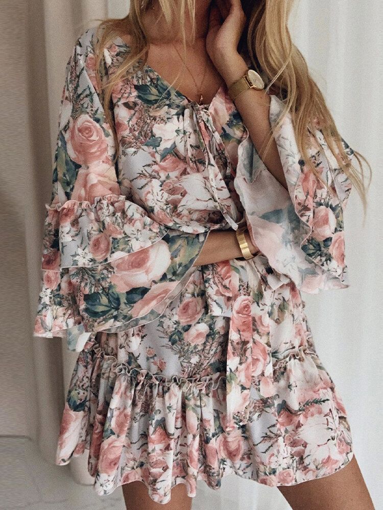 Mini Vestido Casual Con Capas De Volantes Y Cintura Anudada Con Estampado Floral Para Mujer