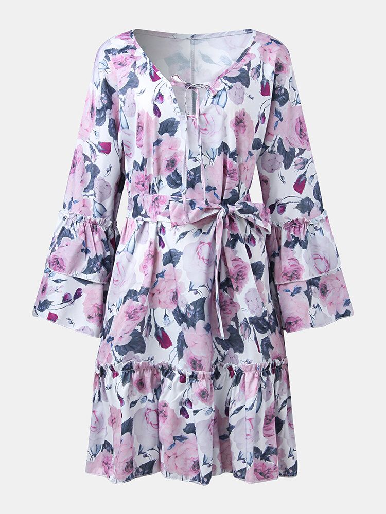 Mini Vestido Casual Con Capas De Volantes Y Cintura Anudada Con Estampado Floral Para Mujer